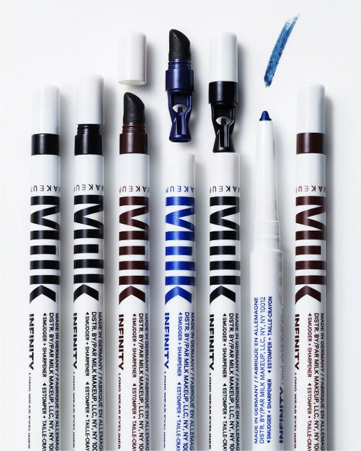 Milk Makeup Infinity Long Wear Eyeliners lined up together in brown, blue, and black shades